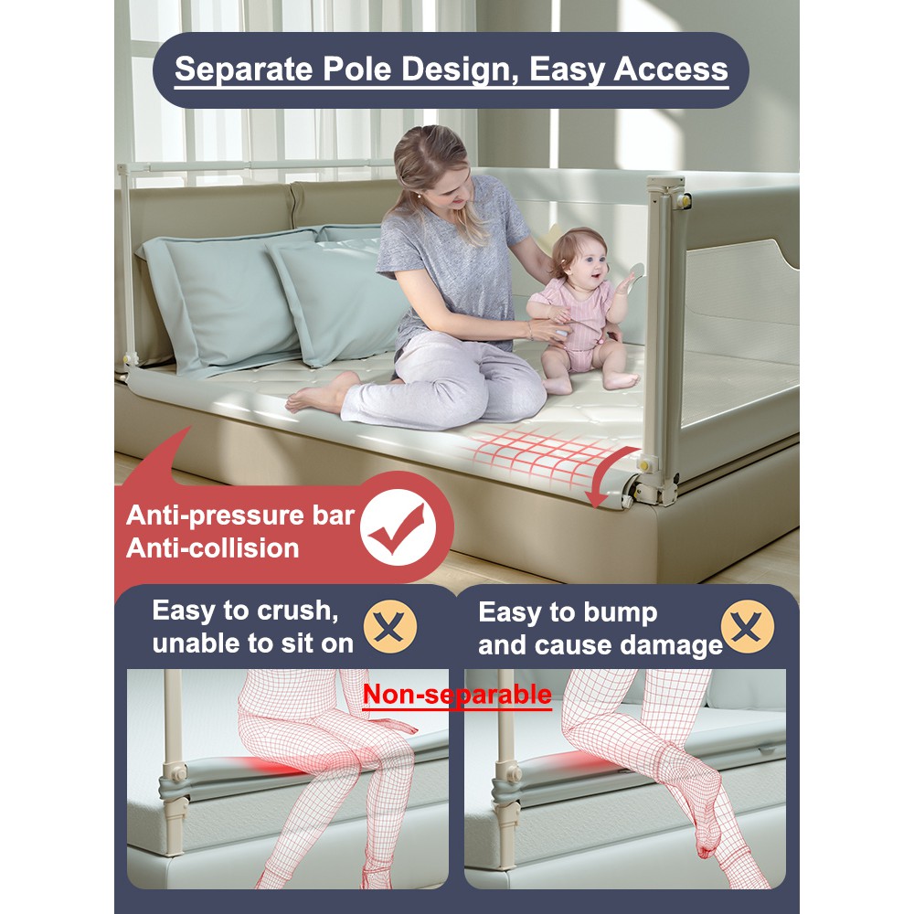 Baby Kids Bed Fence Vertical Lift Baby Bed Rail Guard Fence for Single, Super Single, Queen and King Bed