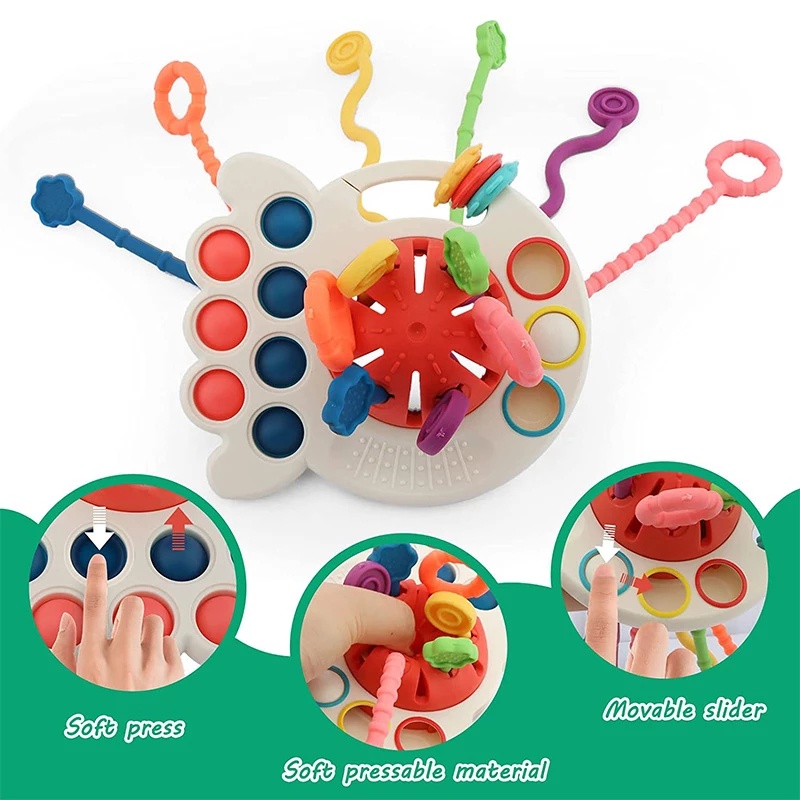 3 In 1 Baby Montessori Pull String Sensory Toys 18M+ Silicone Teething Activity Toy for Toddler Finger Grasp Training