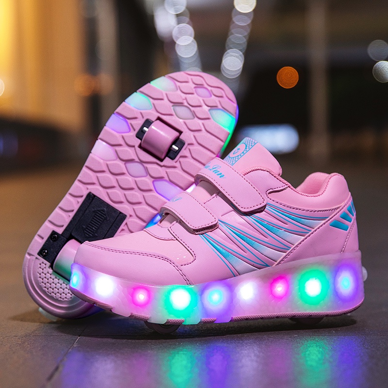 Ready stock Two wheel charging luminous violent HEELYS shoes for children adult roller skates for men and women with lights wheel shoes RRIM SB9X