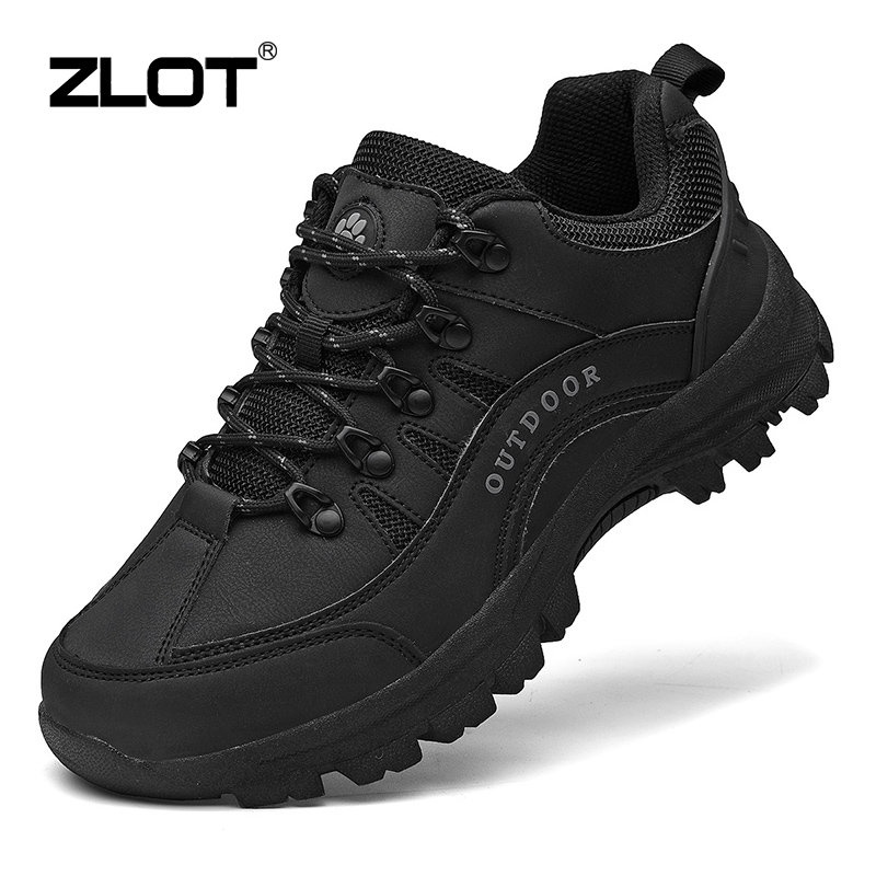 ZLOT Plus Size 38-49 Outdoor Hiking Shoes Brand Waterproof Leather Sports Shoes Anti Slip Black Rubber Shoes For Men