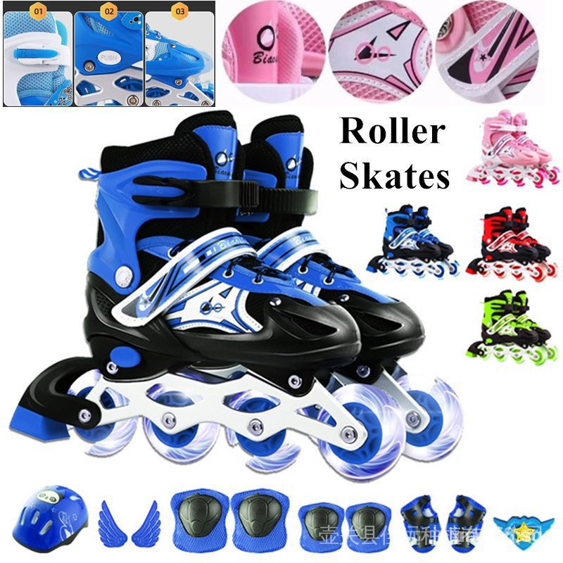 [In stock]Roller Skating Inline Skate Childrens Kids Aldult Scooter Skating Adjustable Sizes Blade Bundle FULL LED Flashing Wheels College Students Beginner Roller Shoes Skates Se