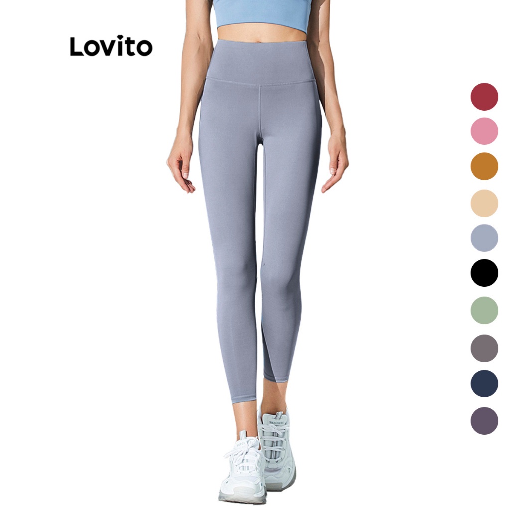 Lovito Summer Plain High Waist Sports Yoga Pants Compression Leggings for Woman L02044 Light Blue/Pink/Black/Dark Blue