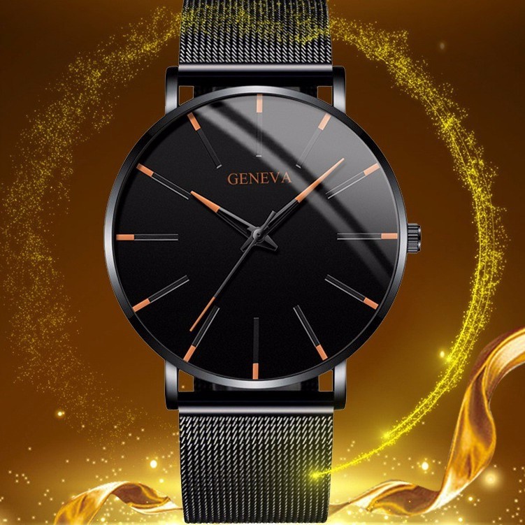 Geneva Ultra-thin Stainless Steel Mesh Belt Watch Luxury Mens Leather Watch Business Casual Quartz Watch