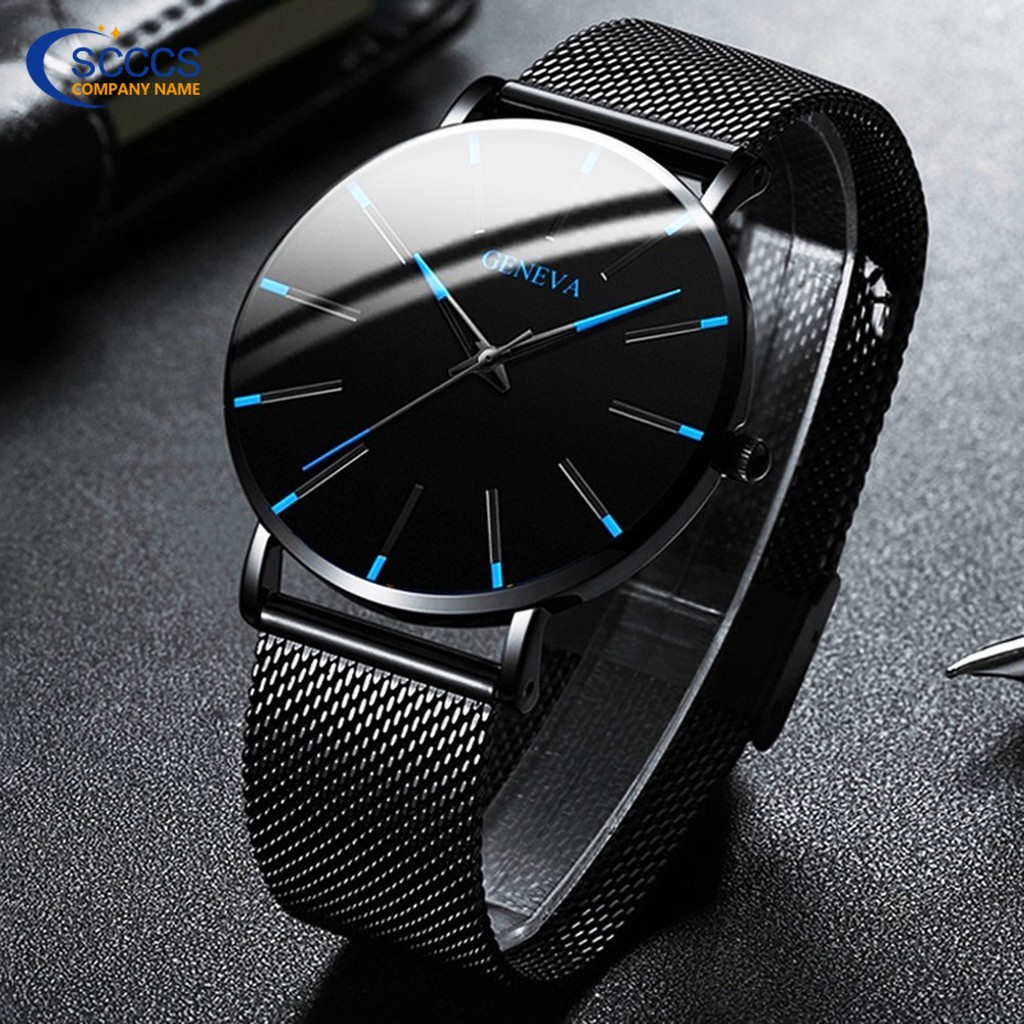 Geneva Ultra-thin Stainless Steel Mesh Belt Watch Luxury Mens Leather Watch Business Casual Quartz Watch