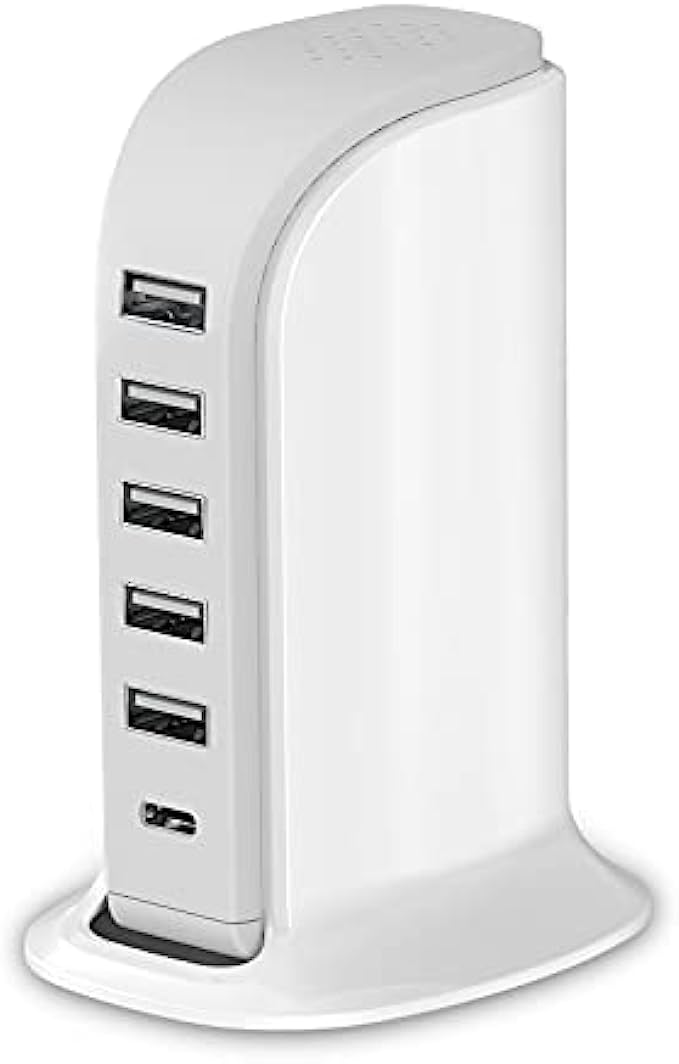 Charging Station for Multiple Devices 40W Upoy, Wall Charger Block 5 USB PortsShared 6A, USB Charging Hub Smart IC, Charger Tower with Type-C 3A for iPhone iPad Tablets Smartphones, Home Office Use