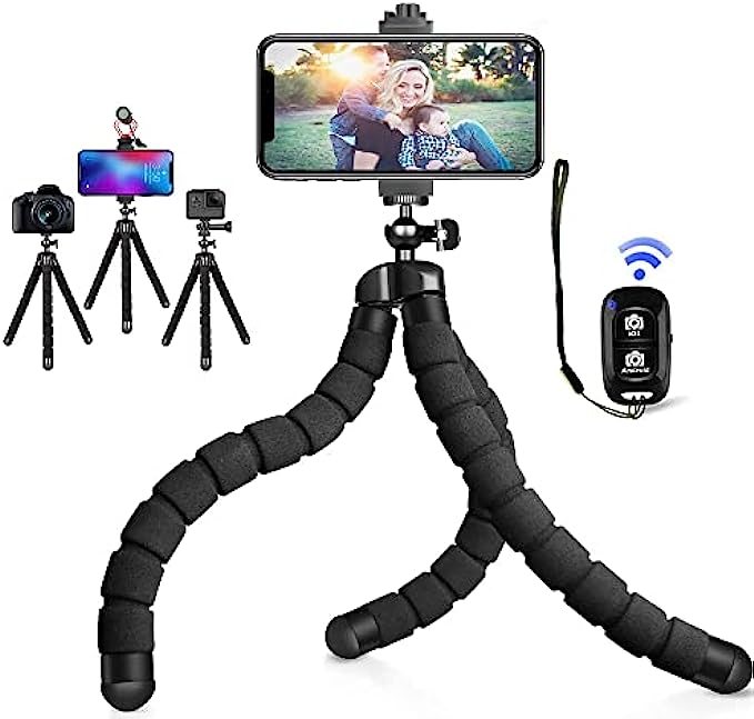 Phone Tripod, Portable and Flexible Cell Phone Tripod Stand with Remote, Travel Mini Tripod for iPhone 13 12 11, GoPro, Compact Digital Camera, for Video Recording Upgraded