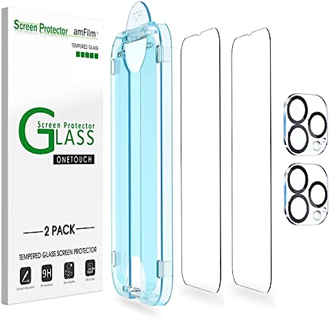 amFilm OneTouch Compatible with iPhone 13 Pro Max 6.7", 2021 Tempered Glass Screen Protector and Camera Lens Protector, Edge to Edge Full Coverage with Easy Installation Kit 2+2 PACK