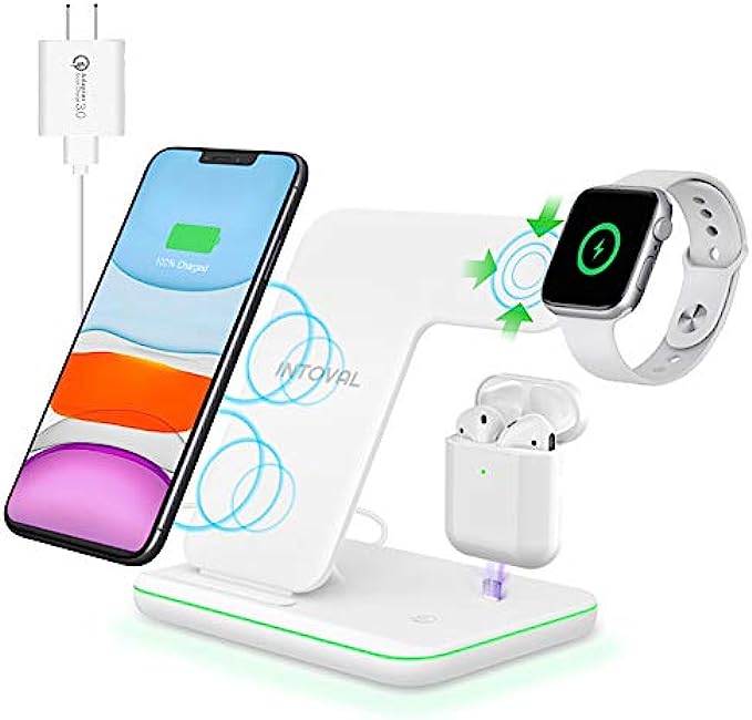 Intoval Wireless Charger, 3 in 1 Charger for iPhone/iWatch/Airpods, Qi-Certified Charging Station for iPhone 13/12/11/Pro/Max/XS/Max/XR/XS/X, iWatch 7/6/SE/5/4/3/2, Airpods Pro/3/2/1 Z5,White