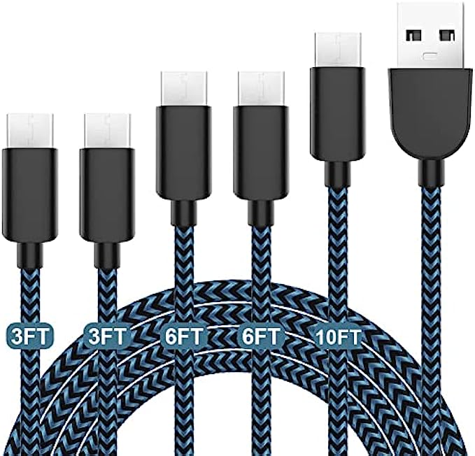 5Pack 3/3/6/6/10FT Fast Charging 3A USB-C to USB-A Cable Rapid Charger Quick Cord Compatible Samsung Galaxy S10 S9 S8 Plus, Note 10 9 8, LG V50 V40 G8 G7Blue