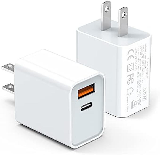 USB C Wall Charger Block 20W, 2-Pack Dual Port PD Power Delivery Fast Type C Charging Block Plug Adapter for iPhone 13/12/11 /Pro Max, XS/XR/X, iPad Pro, AirPods Pro, Samsung Galaxy and MoreWhite