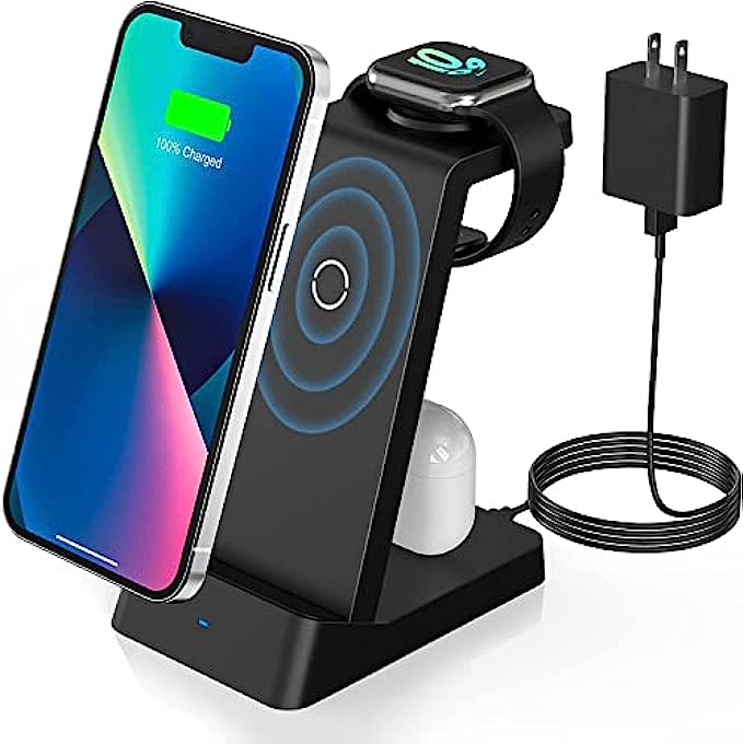 Wireless Charging Station, 18W Fast Wireless Charger Compatible with iPhone 13/12/11/Pro/SE/XS/XR/X/8 Plus/8, 3 in 1 Wireless Charging Dock Stand for Apple Watch Series &amp; Airpods with Adapter