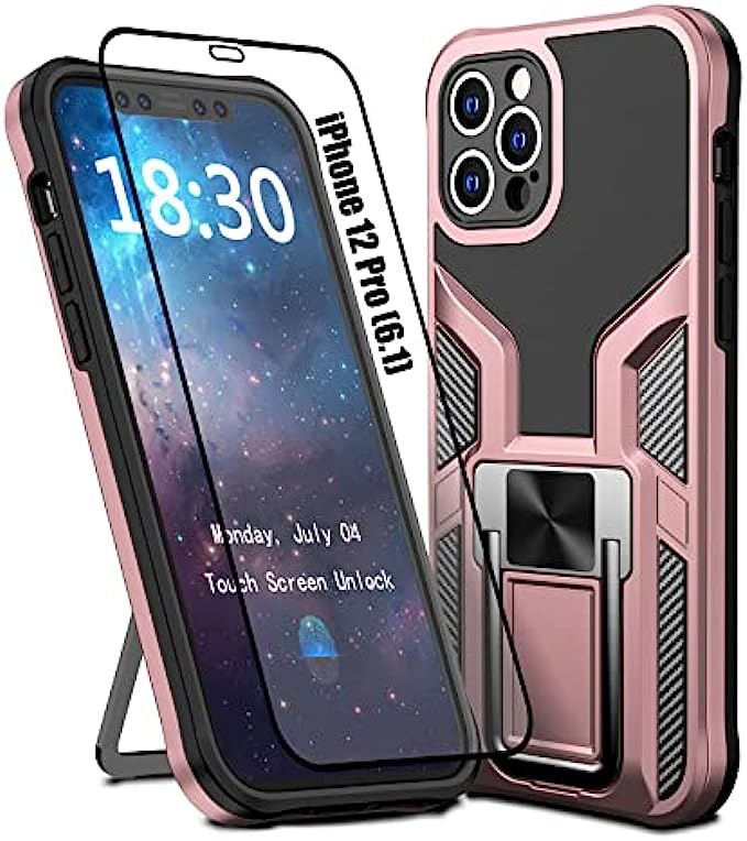 LMDAMZ Compatible iPhone 12 Pro Anti-Fall,Heavy Duty Military Grade Shockproof Kickstand Case Double Protection TPU+PC Solid and Durable Magnetic Car Phone Case, Suitable for 6.1 Inches Rose Gold
