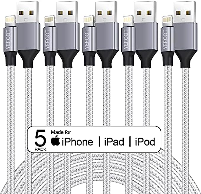 5Pack3/3/6/6/10FT [Apple MFi Certified] iPhone Charger Lightning Cable Compatible iPhone 13Pro/13/12Pro Max/12Pro/12/11/Pro/Xs and More-Silver&amp;White
