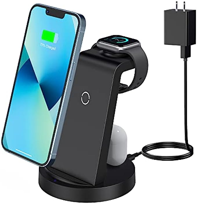 Wireless Charging Station, 3 in 1 Wireless Charger Compatible with iPhone 13 Pro/13/12/11/Pro/SE/XS/XR/X/8 Plus/8, Fast Wireless Charging Stand Dock for Apple Watch Series &amp; Airpodswith Adapter