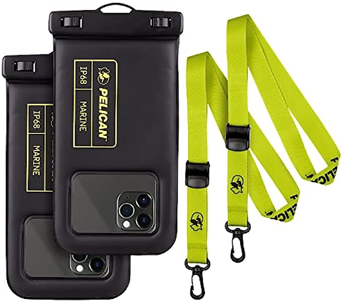 2 Pack Marine Series - IP68 Water-Proof Floating Protection Phone Pouch Regular Size - for iPhone 13 12 11 Pro Max Mini - Detachable Lanyard - Universal Compatibility, Black/Hi-Vis Yellow