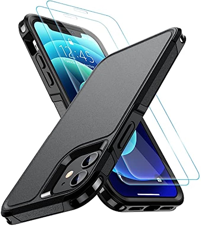 SPIDERCASE for iPhone 12 Case/iPhone 12 Pro Case, [10 FT Military Grade Drop Protection] [with 2 pcs Tempered Glass Screen Protector] Protective Cover for iPhone 12/12 Pro Black