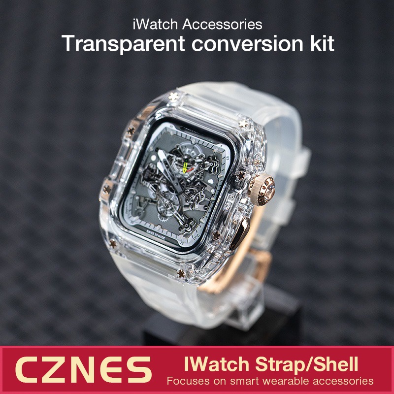 [Upgraded Version] Transparent Modified Strap Transparent Case Suitable for IWatch Full Range 44mm 45mm 49mm Rubber Strap Mens Strap