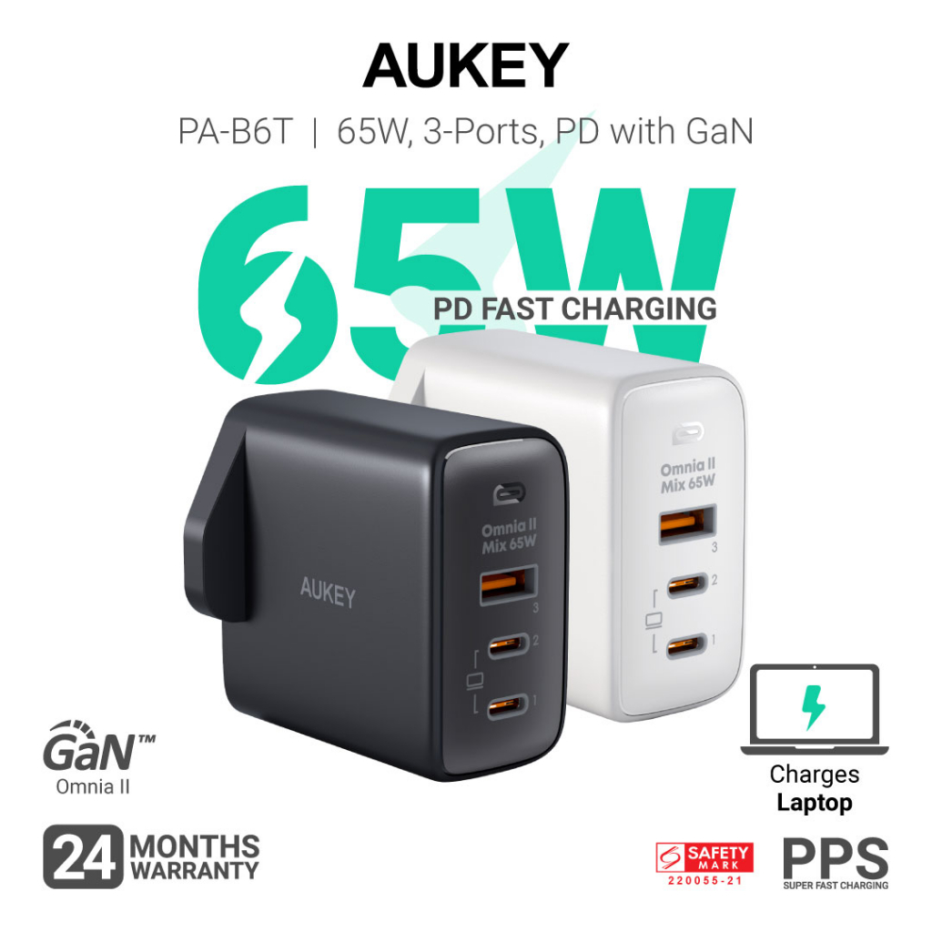 Aukey PA-B6T Omnia II 3-Port 65w PD &amp; Super Fast Charging PPS Wall Charger w GaN Power Technology 24 Months Warranty