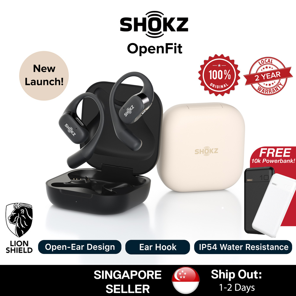 SG SHOKZ OpenFit Open-Ear Earbuds with Earhooks and Microphone, True Wireless Bluetooth Earphones, IP54, 28h Playtime
