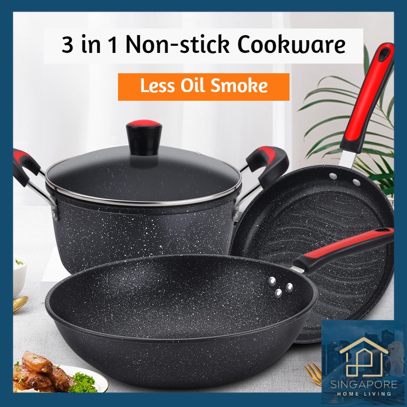 SUPER OFFER?New High-quality Three-piece Non-stick Cookware Set Kitchen Soup Pot Frying Pan Wok Kitchenware Cover