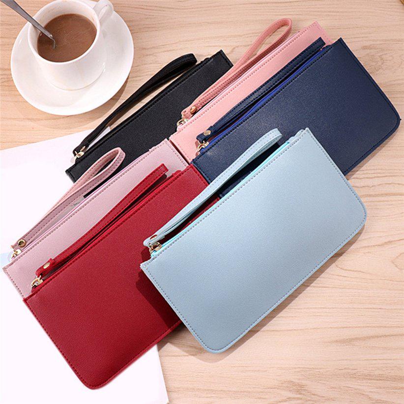 Womens Coin Purse Korean Plain Small Card Holder Long Wallet Fashion Clutch Leather Zipper Phone Bag