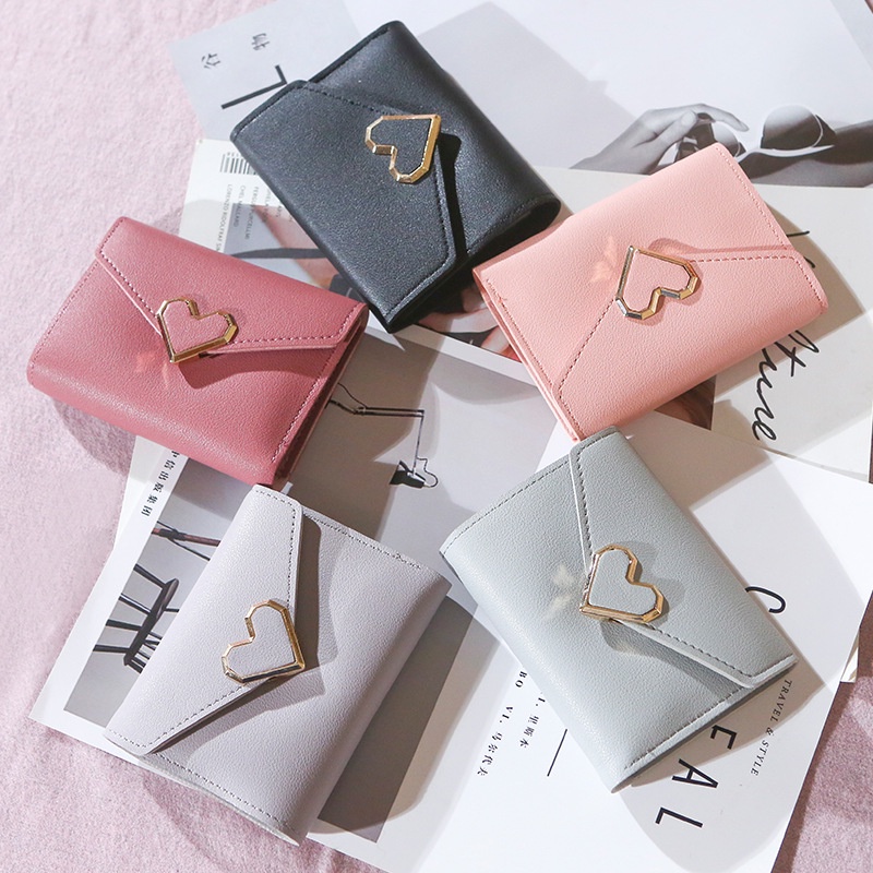 Korean Style Womens Short Wallet PU Leather Wallet Fashion PU Small Wallet Portable Womens Simple Wallet Cute Heart Folding Wallet With Metal Buckle Premium Tri-fold Clutch