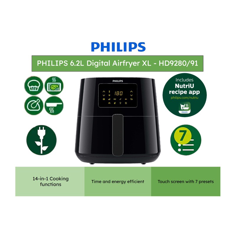 PHILIPS 6.2L Digital Airfryer XL Essential 12-in-1 HD9280/91 - Connectivity, Rapid Air, Quick Clean basket, NutriU App