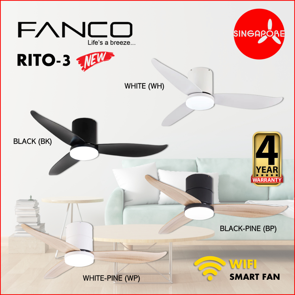 FANCO RITO 3 46" | 52" DC Motor Hugger Ceiling Fan with 24W LED Light and Remote Control Optional: Wifi Module
