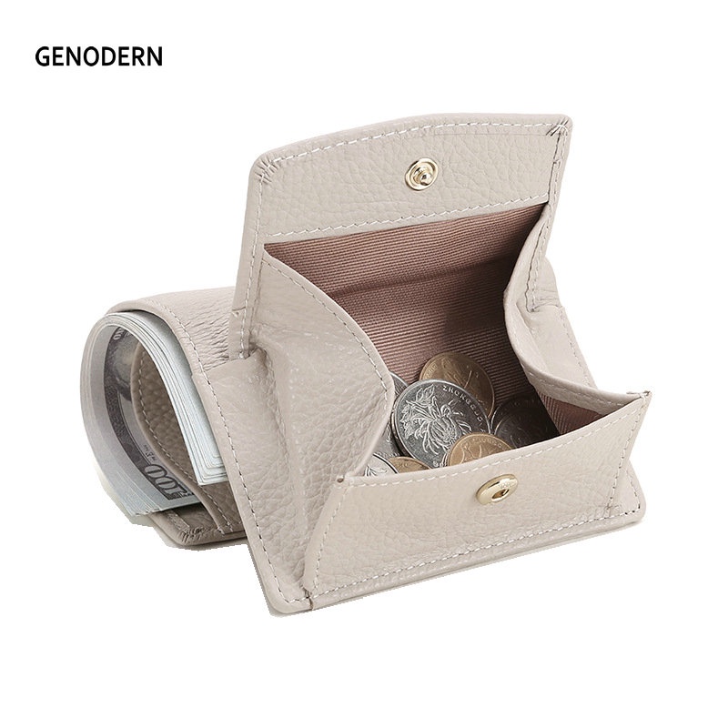 GENODERN RFID Blocking Womens Wallet Genuine Leather Lady Purses Short Japanese-Style Multiple Card Slots Coin Purse Tri-Fold Wallet