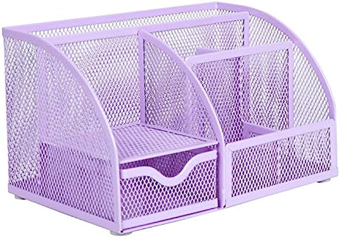 Annova Mesh Desk Organizer Office with 7 Compartments + Drawer/Desk Tidy Candy/Pen Holder/Multifunctional Organizer - Light Purple / Lavender
