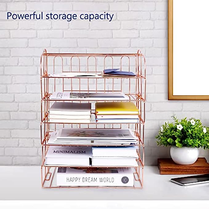 6 Tier Stackable Letter Tray, Rose Gold File Organizer Desk Organizers and Accessories for Women with 1 Upper Display Shelf for School Home Office Supplies