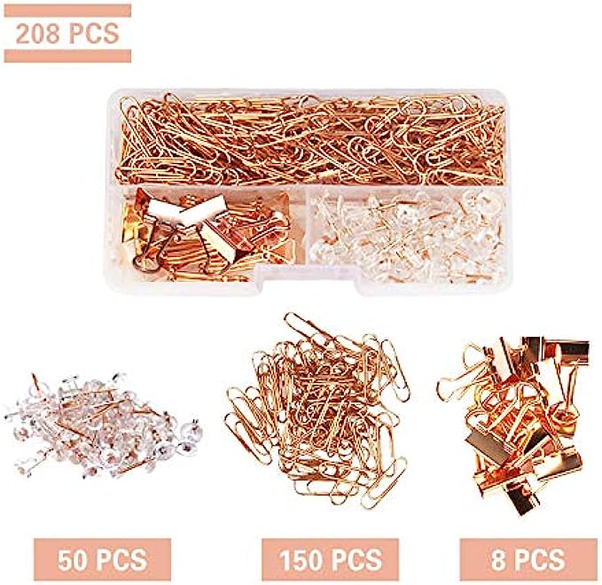 208 PCS Rose Gold Desk Accessory Push Pins Binder Clips Paper Clips Standard Size Office Supplies Kit Set with Storage BoxSmall Pack