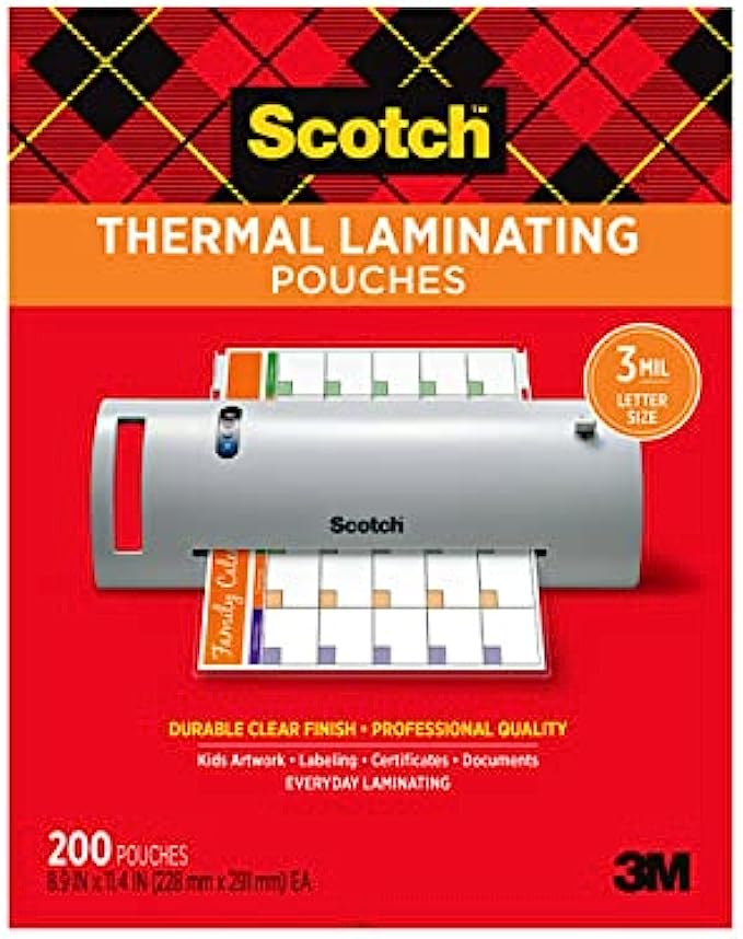 Scotch Thermal Laminating Pouches, 200-Pack, 8.9 x 11.4 Inches, Letter Size Sheets, Clear, 3-Mil TP3854-200