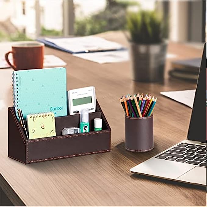 6 Piece Office Supplies Desk Organizer Set - with File Paper Tray, Magazine Holder, Pen Cup, Sticky Note Holder, Letter Mail Sorter, Business Card Holder- Desktop Accessories Decor for Women Men