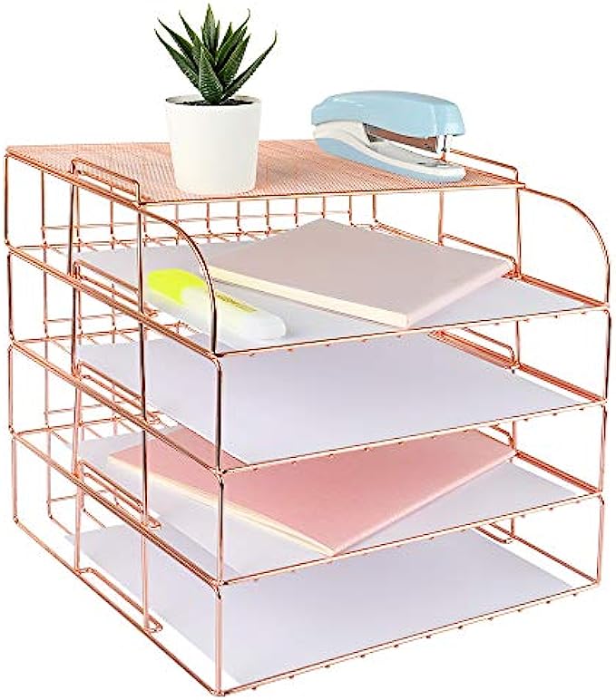 Spacrea Letter Tray, 4 Tier Rose Gold Desk Organizers and Accessories for Women, Stackable Paper Tray Organizer Desk File Organizer with 1 Upper Display Shelf Rose Gold