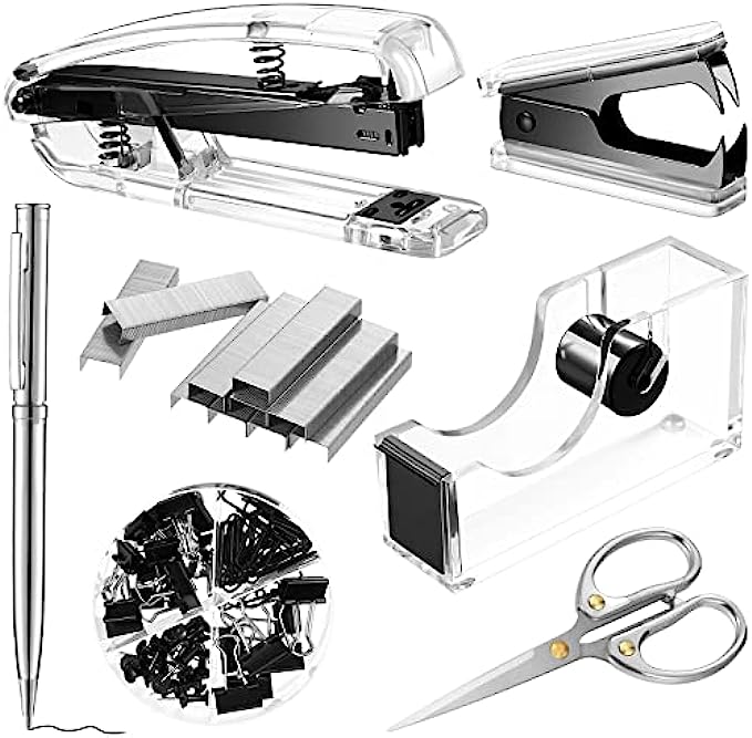 Office Supplies Set Desk Accessory Kit, Acrylic Stapler Set Staple Remover, Tape Dispenser, Binder Clips, Paper Clips, Ballpoint Pen and Scissor with 1000 Pieces 26/6 Staples Black
