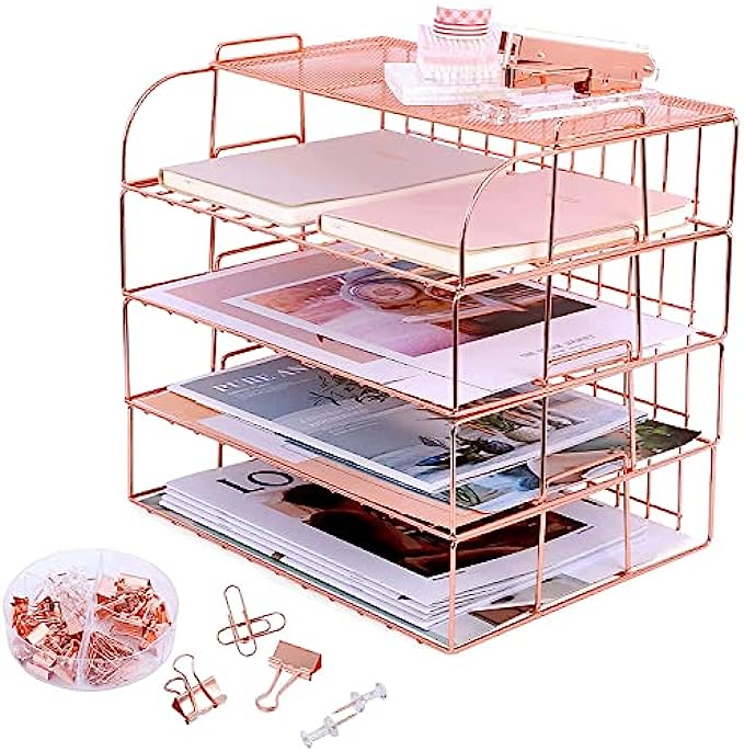 Paper Organizer for Desk, 4 Tier Desk Organizers for Office Stackable Letter Tray with Binder Clips, Paper Clips and Push PinsRose Gold
