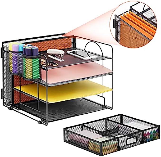 Marbrasse 4-Trays Desk File Organizer with 2 Pen Holder, Desktop Hanging File Holder with Drawer, Paper Letter Tray Organizer, Mesh Office Supplies Desk Paper Organizer for Home Office Black