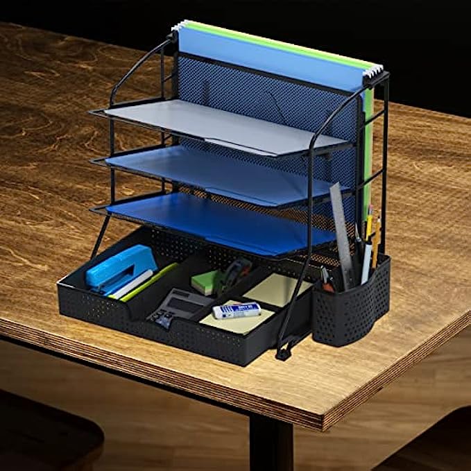 SimpleHouseware Desktop Document Tray Organizer with Sliding Drawer/Caddy/Hanging File Section, Black