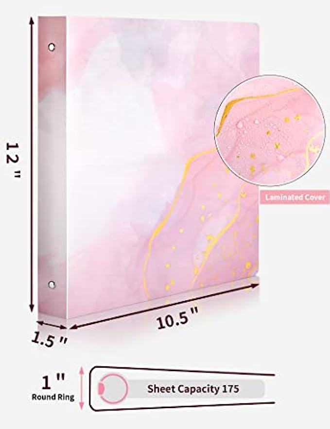 Cute Binders SUNEE 2 Pack 3 Ring Binder 1 Inch with 2 Pockets, 10 Tab Dividers, 2 Pocket Folders &amp; 2 Spiral Notebooks, Pink Marble Heavy Duty Binder Fit 8.5x11 Inches for School Office Supplies
