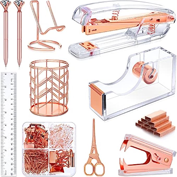 Desk Accessories, Office Supplies for Women of Stapler, Staple Remover, Tape Holder, Pen Holder, Staples, Phone Holder, Diamond Pen, Ruler, Scissors and Binder Clips, Desk Decor for Office Rose Gold