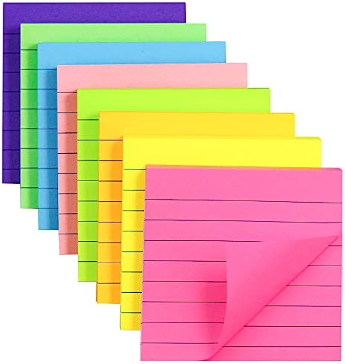 8 Pack Lined Sticky Notes Post, 8 Colors Self Sticky Notes Pad Its 3X3 in, Bright Post Stickies Colorful Big Square Sticky Notes for Office, Home, School, Meeting,82 Sheets/pad