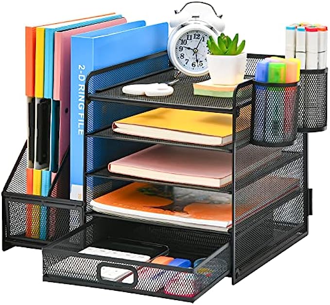 Marbrasse Desk Organizer with File Holder, 5-Tier Paper Letter Tray Organizer with Drawer and 2 Pen Holder, Mesh Desktop Organizer and Storage with Magazine Holder for Office Supplies Black