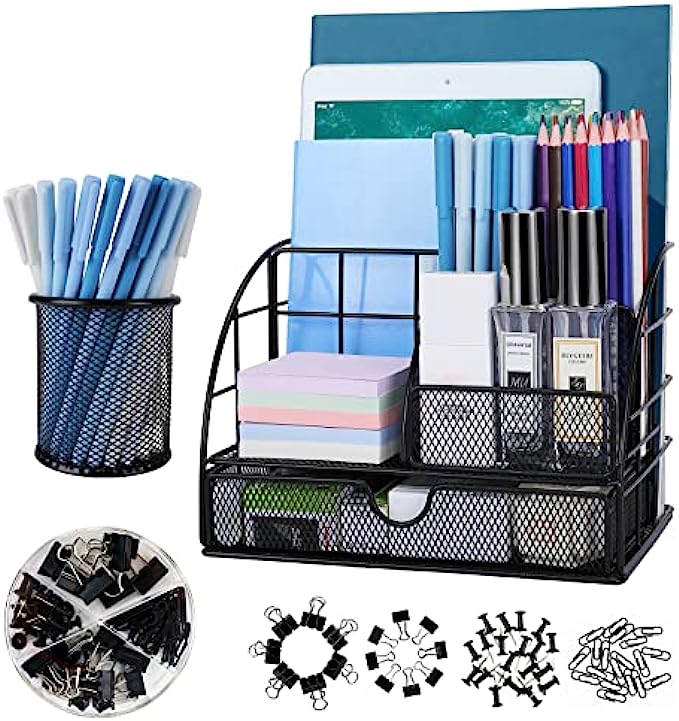 VEDETT Office Supplies Desk Organizer Caddy with 6 Compartments + Pen Holder / 72 Accessories, Mesh Desk Organizers with Drawer, for Office, Home, School Black