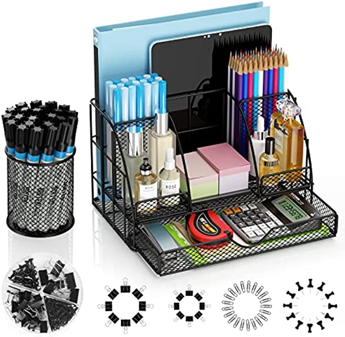Desk Organizers and Accessories, Office Desk Organizer with 6 Compartments + 1 Large Sliding Drawer + Pen Holder + 72 Accessories, Desk Accessories Organizers for Office, Home, School Black