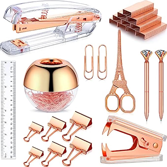 1112 Pieces Desk Accessory, Include Clear Desktop Stapler with 1000 Staples, Staple Remover, Ruler, Scissor, 100 Paper Clips, 2 Diamond Pens and 6 Binder Clips for School Office Supplies Rose Gold