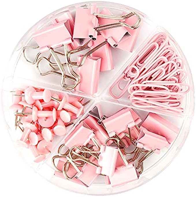 DANRONG 97 PCS Office Supplies for Women, Paper Clips, Binder Clips and Push Pins Set, Paperclips Thumb Tacks School and Home Desk Supplies, Desk Organized Pink