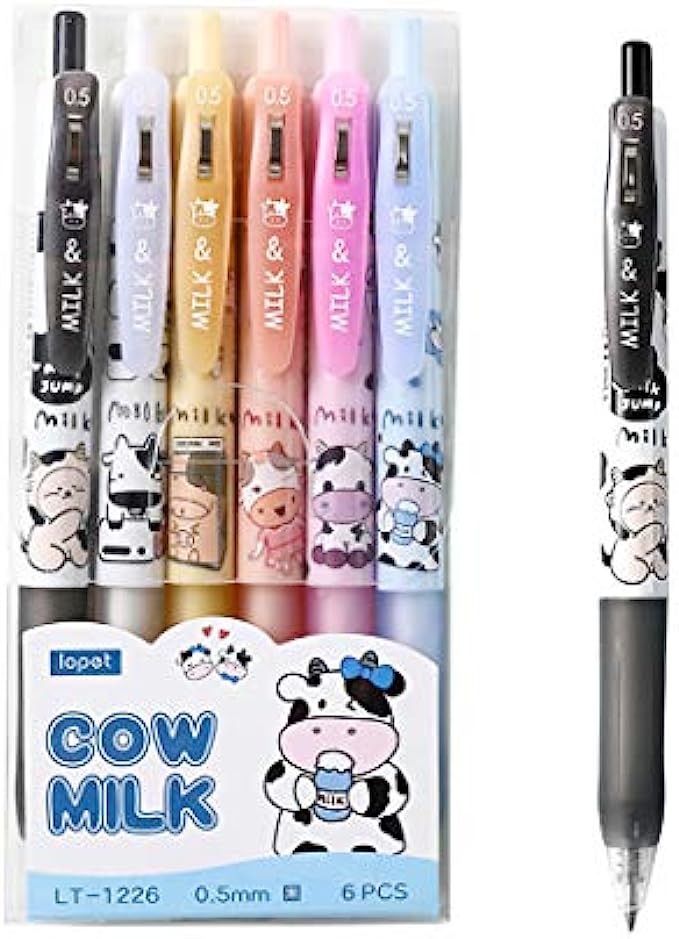 Giant star Cute Milky Cow Pens, Retractable Gel Pens, Black Gel Ink Pens, 0.5mm, Bullet Point, Perfect for Office School Supplies Gifts for Boys Girls,Pack of 6pcs Milky Cow