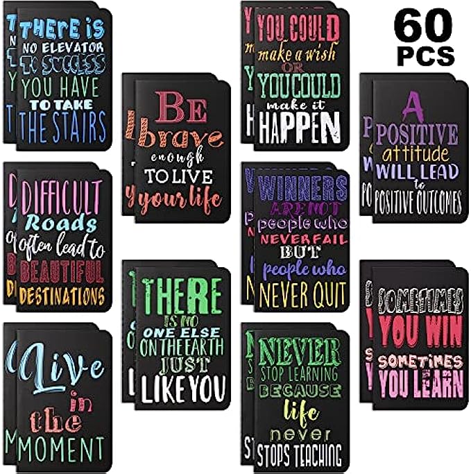 Inspirational gifts Notepads Mini Motivational Journal Notebook Bulk Small Pocket Notepads for School Office Home Travel Gift Supplies, 10 StylesBright Style,60 Pieces
