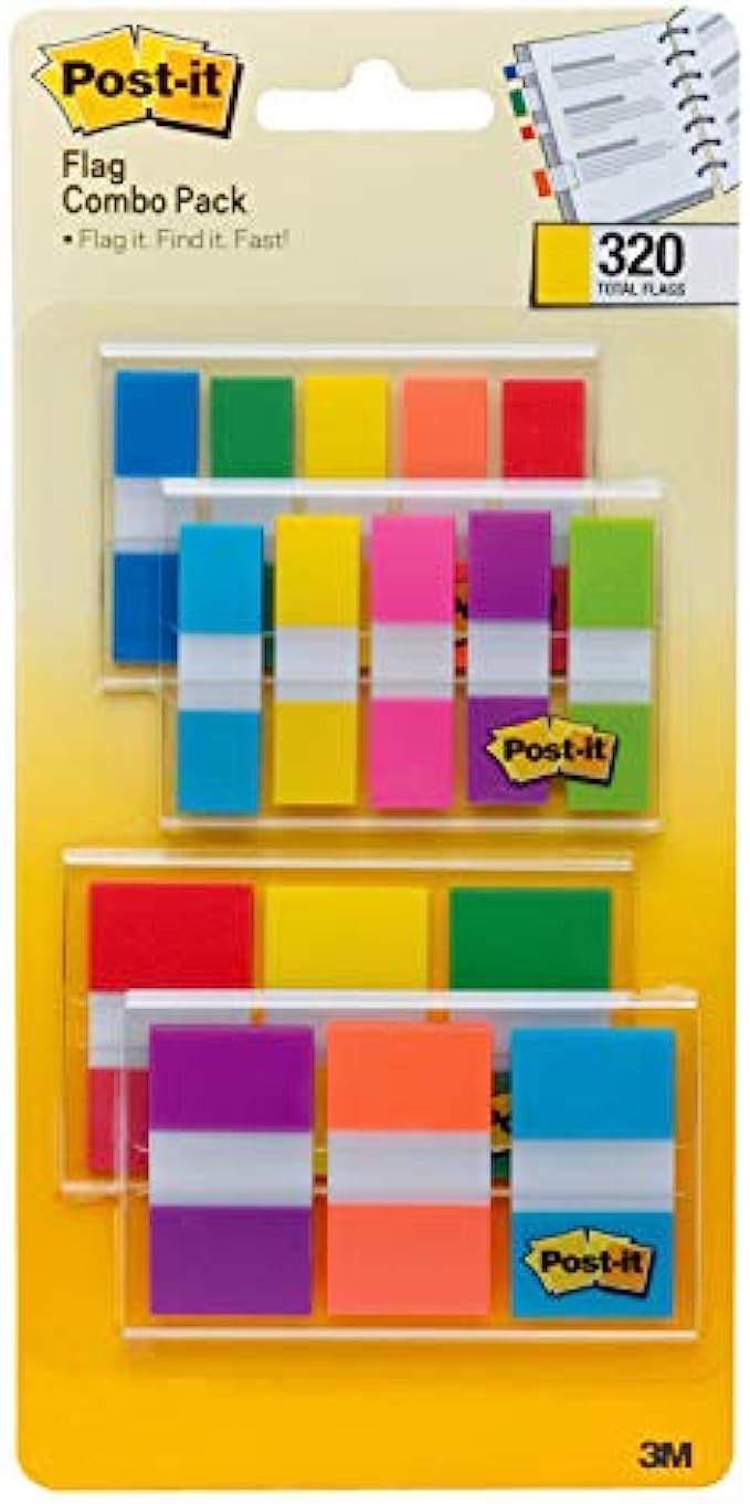 Post-it Flags Assorted Color Combo Pack, 320 Flags Total, 200 1-Inch Wide Flags and 120.5-Inch Wide Flags, 4 On-The-Go Dispensers/Pack 683XL1